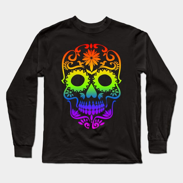 Rainbow Sugar Skull Halloween Day of The Dead Dia de Muertos Long Sleeve T-Shirt by TwiztidInASense